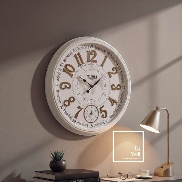 Valerian 773 Beyaz Gold Harita Desenli Duvar Saati 67 cm Şık Ev ve Ofis Dekoru Ofis Hediyesi Dekor