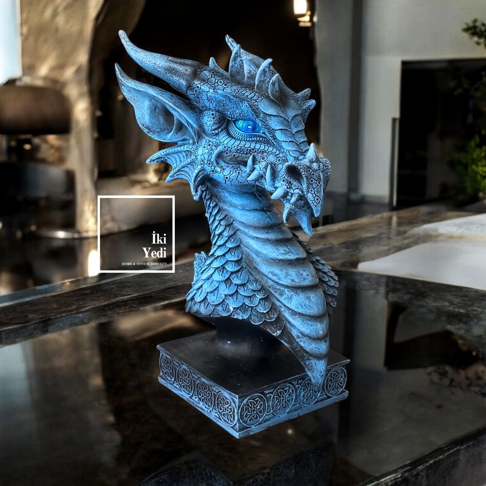 Dragon 77-3 Ejderha Başı Biblo Mavi Fantastik Dekoratif Obje Ofis ve Ev Aksesuarı Koleksiyonluk Ejderha Figürü