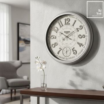 Valerian 771 Harita Desenli Beyaz Gri Krom Duvar Saati 67 cm Şık Ev Ofis Duvar Dekoru Ofis Hediye