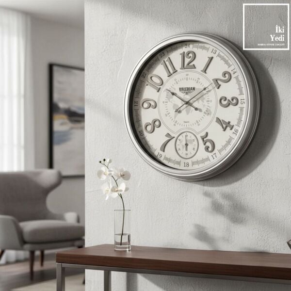Valerian 771 Harita Desenli Beyaz Gri Krom Duvar Saati 67 cm Şık Ev Ofis Duvar Dekoru Ofis Hediye