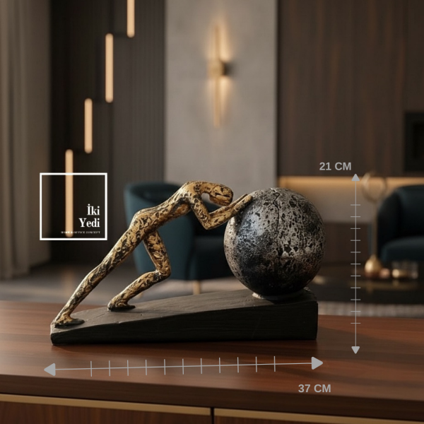 Bertruge İnsan Figürlü Küre Heykeli 37 cm Taş İten Adam Modern Dekoratif Masaüstü Obje Ev ve Ofis