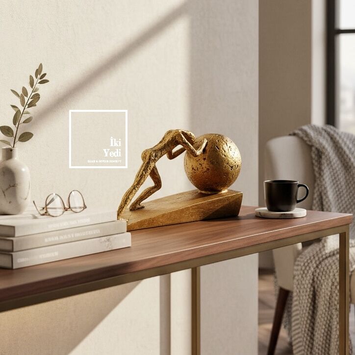 Bertruge İnsan Figürlü Küre Heykeli 37 cm Taş İten Adam Modern Dekoratif Masaüstü Obje Ev ve Ofis