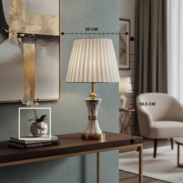 Fenecon Abajur Beyaz Mermer Görünümlü Gold Detaylı Masa Lambası Salon Yatak Odası Aydınlatma Hediye