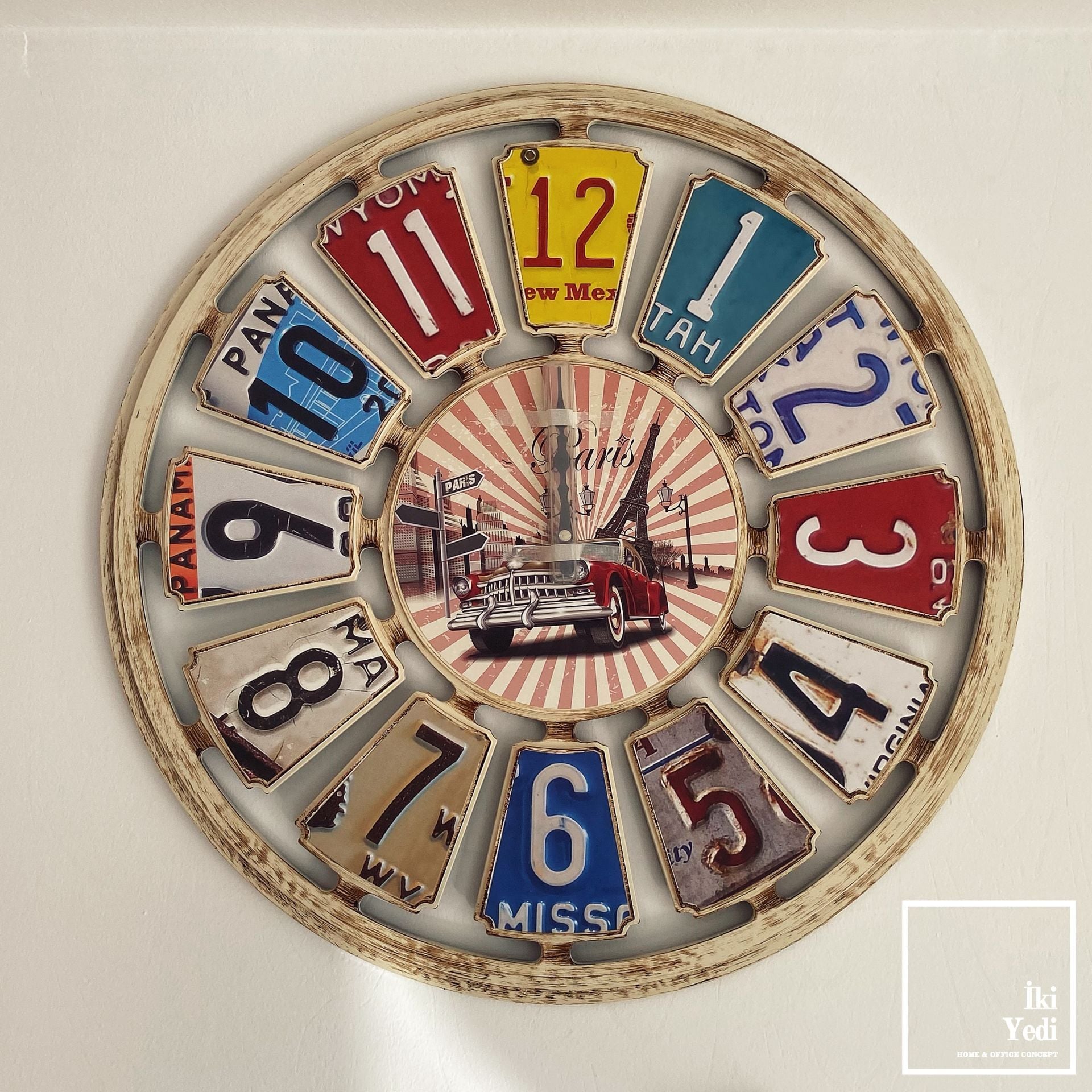 Paris 70 cm Vintage Renkli Duvar Saati, Retro Büyük Saat, Ev Ofis Duvar Dekoru Hediyelik Objeler