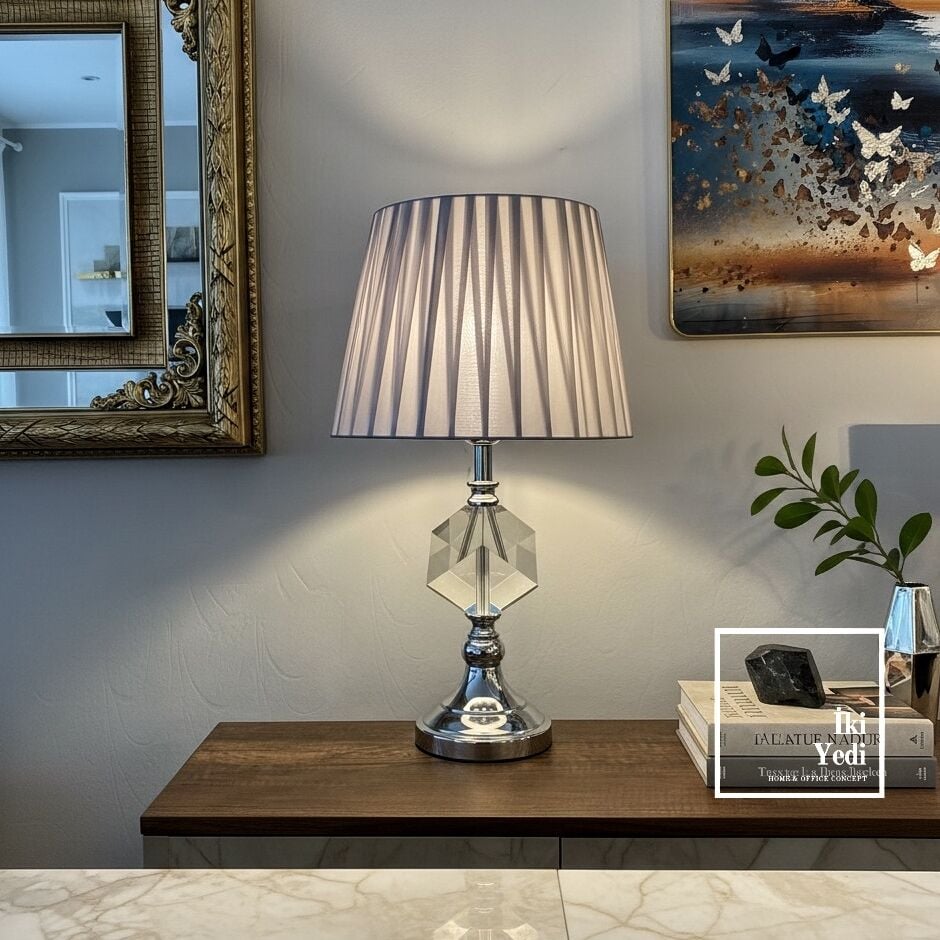 Brest Cam Prizma Abajur Gümüş Silver Gövdeli Modern Masa Lambası Salon Yatak Odası Aydınlatma Obje