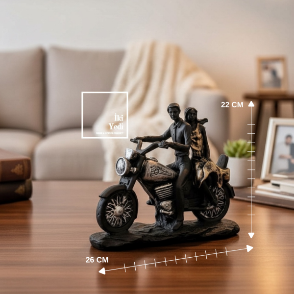 Flandre Motorsikletli Çift Biblo Dekoratif Heykel 26 cm Ev Ofis Masaüstü Obje Sevgiliye Hediye Şık