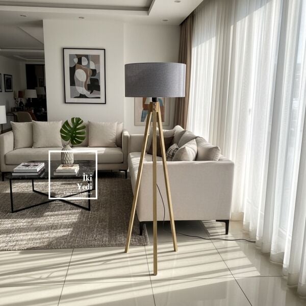 Morales Lambader Ruhunu Aydınlat Gri Kumaş Şapka Tripod Ayaklı Lamba Modeli Salon Ofis Ev Hediyelik