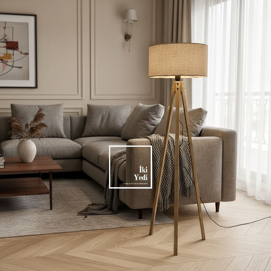 Morales Lambader Ruhunu Aydınlat Bej Kumaş Şapka Tripod Ayaklı Lamba Modeli Salon Ofis Ev Hediyelik
