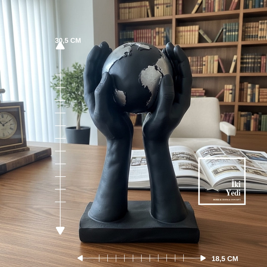 Peuctor Gri Dünya Küresi Tutan Eller Heykeli 30,5 cm | Modern Ofis Ev Dekoru Hediyelik Eşyalar Büro