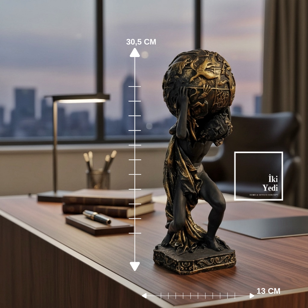 Omega Serisi Atlas Dünya Taşıyan Figür Biblo Siyah Gold Detaylı Ofis ve Ev Dekoru Hediyelik Eşyalar