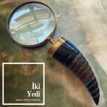 Chulan 26 cm Kıvrımlı Boynuz Saplı Antika Pirinç Büyüteç Masa Üstü Dekoratif Aksesuar Obje Ofis İş Hediyesi Lüks Hediyelik