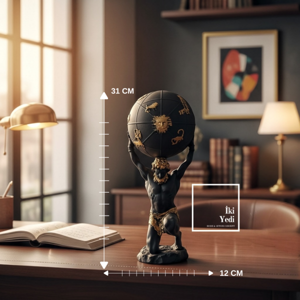 Omega Serisi Atlas Küre Heykeli 31 cm | Güç ve Denge Temalı Dekoratif Obje Ofis Ev Masaüstü Hediye