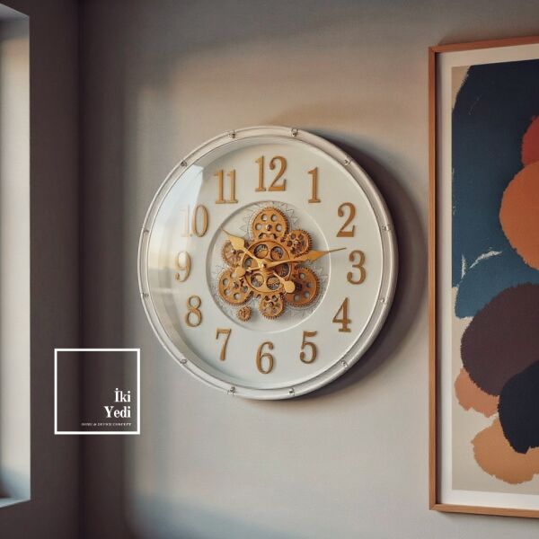Metz 51 cm Plastik Kasa Sesli Mekanizmalı Beyaz Bronz Döner Çarklı Duvar Saati Duvar Dekorasyonu