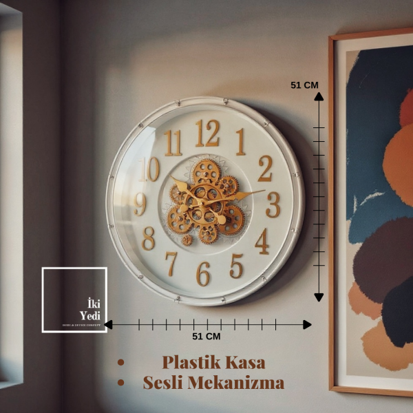 Metz 51 cm Plastik Kasa Sesli Mekanizmalı Beyaz Bronz Döner Çarklı Duvar Saati Duvar Dekorasyonu