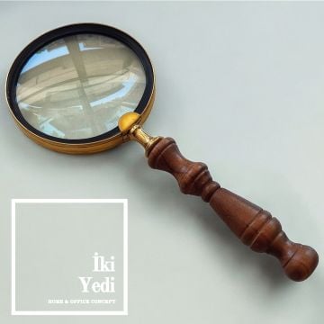 Ranong 24 cm Ahşap Saplı Antika Pirinç Büyüteç Masa Üstü Dekoratif Aksesuar Obje Ofis İş Hediyesi Lüks Hediyelik