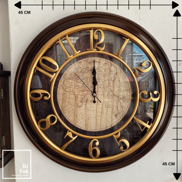 Bailey 45 cm Dünya Haritalı Duvar Saati Altın Detaylı Salon Ofis Dekoratif Saat Duvar Dekorasyonu