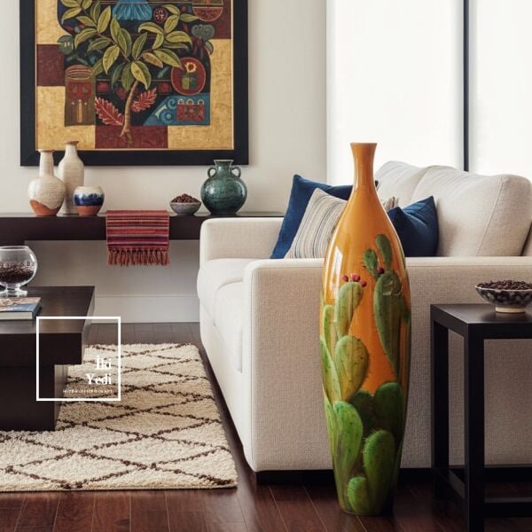 Dayanıklılığın Sanatla Buluşması Salvador Kaktüs Desenli Porselen Vazo 88 cm Büyük Boy Lüks Objeler