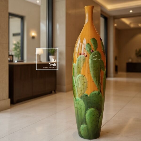 Dayanıklılığın Sanatla Buluşması Salvador Kaktüs Desenli Porselen Vazo 88 cm Büyük Boy Lüks Objeler