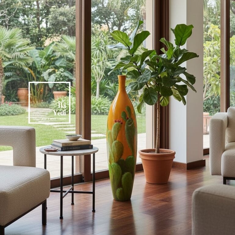 Dayanıklılığın Sanatla Buluşması Salvador Kaktüs Desenli Porselen Vazo 88 cm Büyük Boy Lüks Objeler