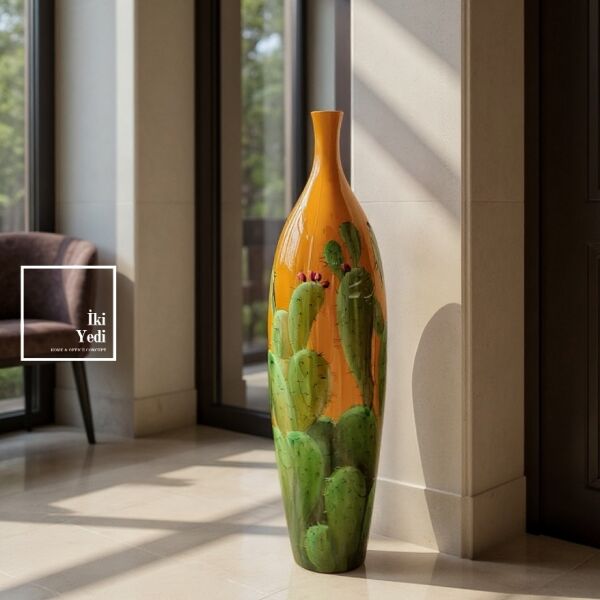 Dayanıklılığın Sanatla Buluşması Salvador Kaktüs Desenli Porselen Vazo 88 cm Büyük Boy Lüks Objeler