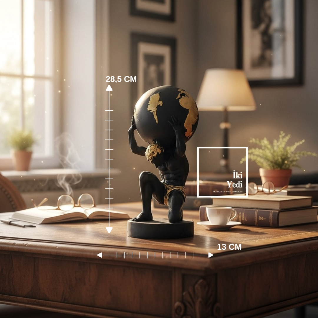 Omega Serisi Atlas Dünya Küresi Taşıyan Heykel, Siyah Altın Detaylı Dekoratif Ofis Masa Objesi