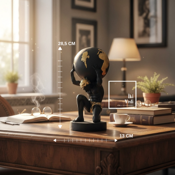 Omega Serisi Atlas Dünya Küresi Taşıyan Heykel, Siyah Altın Detaylı Dekoratif Ofis Masa Objesi