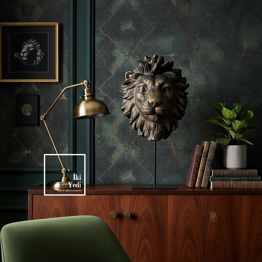 Brayden Aslan Başı Büst Heykeli Güç Sembolü Dekoratif Ofis Salon Masa Üstü Obje Kaliteli Hediyelik
