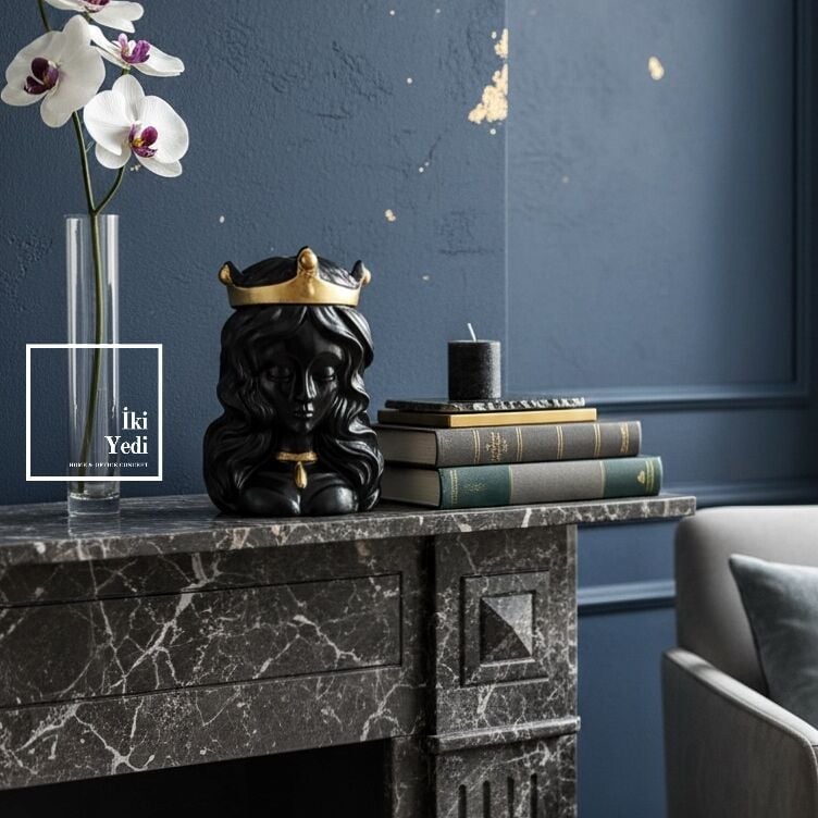 Fulvia Taçlı Kadın Şekerlik Biblo Siyah Gold Dekoratif Obje Antik Roma Esintili Hediyelik Eşyalar