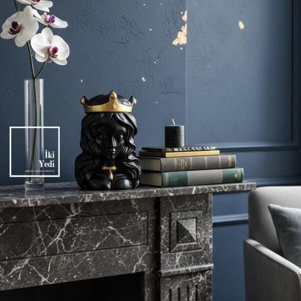 Fulvia Taçlı Kadın Şekerlik Biblo Siyah Gold Dekoratif Obje Antik Roma Esintili Hediyelik Eşyalar