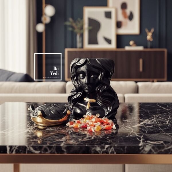 Fulvia Taçlı Kadın Şekerlik Biblo Siyah Gold Dekoratif Obje Antik Roma Esintili Hediyelik Eşyalar