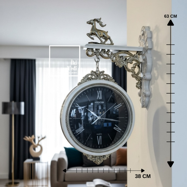 Kanije Macar Tarzı Avrupa Nostaljisi Geyik Figürlü Çift Taraflı Yan Duvar Saati Büyük İstasyon Saat