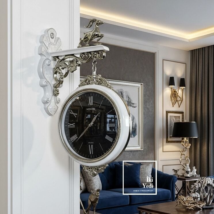 Kanije Macar Tarzı Avrupa Nostaljisi Geyik Figürlü Çift Taraflı Yan Duvar Saati Büyük İstasyon Saat