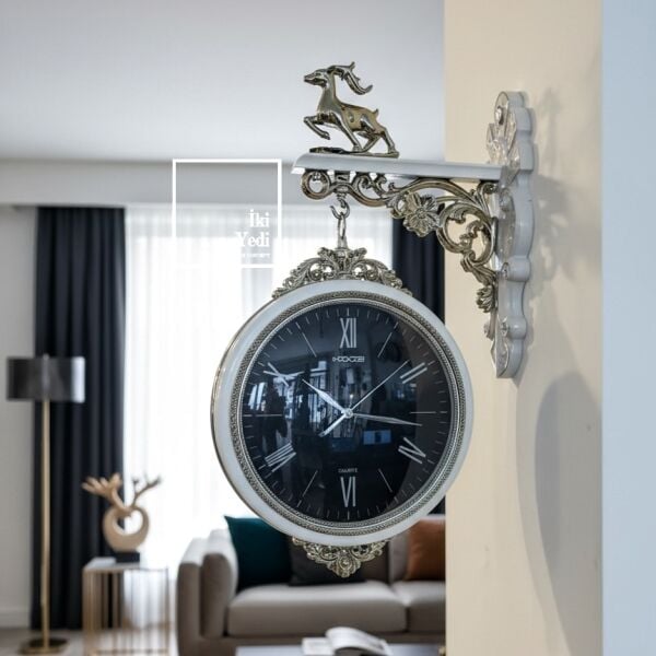 Kanije Macar Tarzı Avrupa Nostaljisi Geyik Figürlü Çift Taraflı Yan Duvar Saati Büyük İstasyon Saat