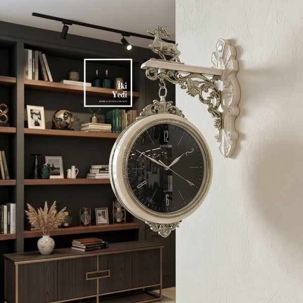 Kanije Macar Tarzı Avrupa Nostaljisi Geyik Figürlü Çift Taraflı Yan Duvar Saati Büyük İstasyon Saat