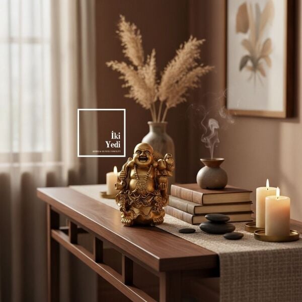 Gülen Buda Altın Ton Dekoratif Biblo 26 cm | Ev Ofis Feng Shui Objesi, Şans ve Bereket Figürü