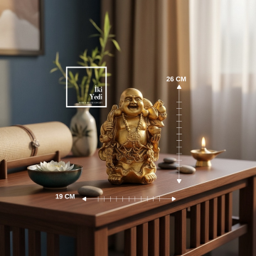 Gülen Buda Altın Ton Dekoratif Biblo 26 cm | Ev Ofis Feng Shui Objesi, Şans ve Bereket Figürü