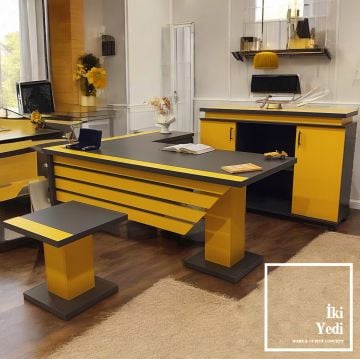 Cavalier Spor Model Modern Ofis Mobilyası Takımı Büro Yönetici Masası Seti Fileli Sandalye Grup Renkli Sarı Antrasit Gri