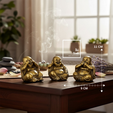 Görmedim Duymadım Bilmiyorum Üçlü Mini Buda Figürü Seti Altın Renk Meditasyon Dekoru Masaüstü Yoga