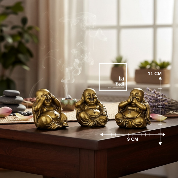Görmedim Duymadım Bilmiyorum Üçlü Mini Buda Figürü Seti Altın Renk Meditasyon Dekoru Masaüstü Yoga