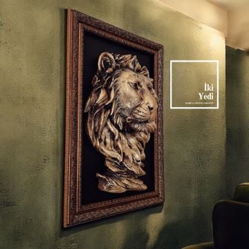 Morgue 3D Aslan Rölyef Tablo – Çerçeveli Polyester Duvar Dekoru, Lüks Aslan Figürlü Tablo Modeli
