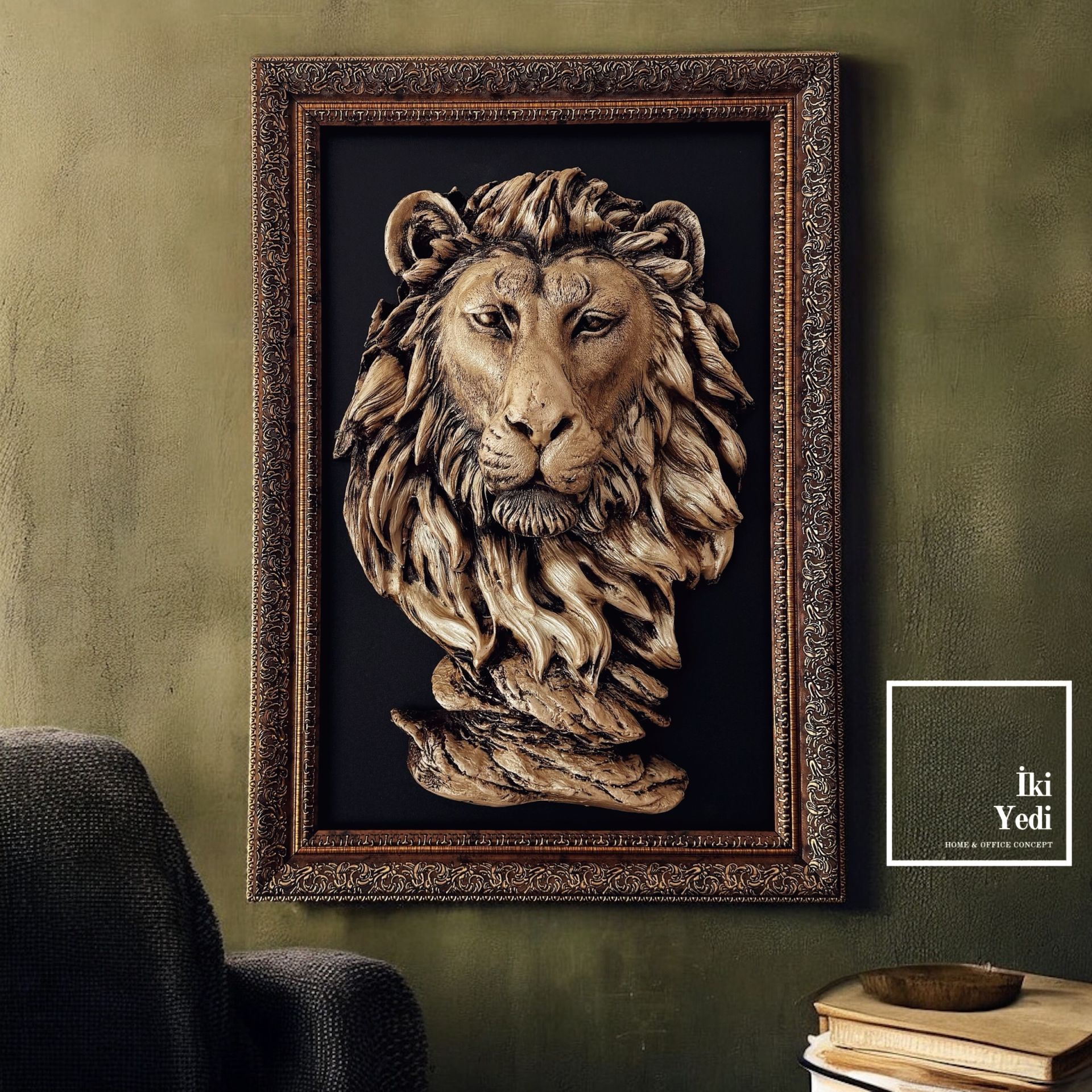Morgue 3D Aslan Rölyef Tablo – Çerçeveli Polyester Duvar Dekoru, Lüks Aslan Figürlü Tablo Modeli