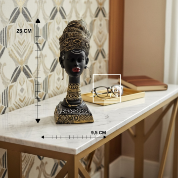 Ribera 777 Afrikalı Kadın Büst Heykeli 25 cm, Siyah Altın Detaylı Dekoratif Obje, Ev Ofis Aksesuarı