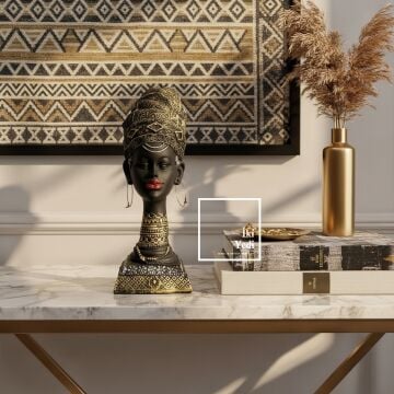 Ribera 777 Afrikalı Kadın Büst Heykeli 25 cm, Siyah Altın Detaylı Dekoratif Obje, Ev Ofis Aksesuarı