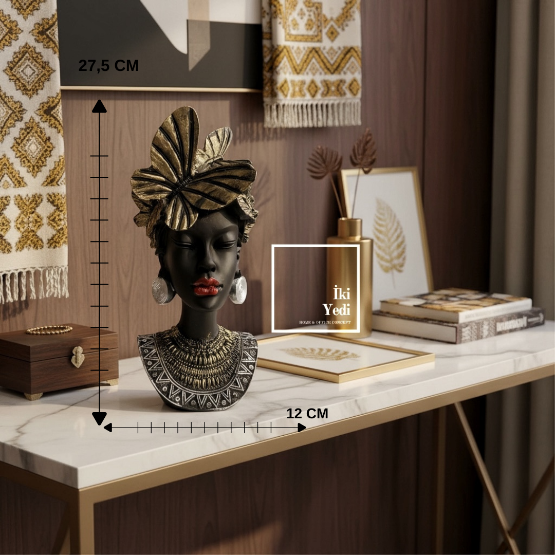 Ribera 776 Afrika Esintili Siyah & Altın Detaylı Kadın Büst Heykeli, Modern Salon ve Ofis Dekoru