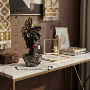 Ribera 776 Afrika Esintili Siyah & Altın Detaylı Kadın Büst Heykeli, Modern Salon ve Ofis Dekoru