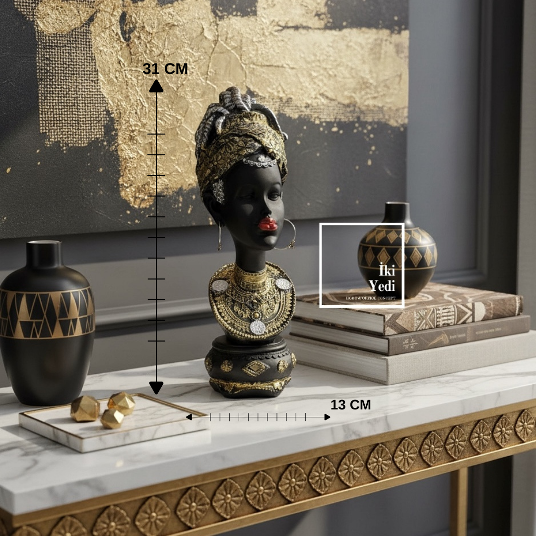 Ribera 775 Afrikalı Kadın Büst Biblo 31 cm Siyah Altın Detaylı Dekoratif Obje Salon Ofis Aksesuar