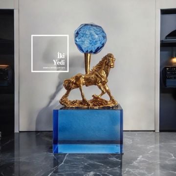 Valaker Altın At Figürlü Mavi Kristal Obje, Cam Dekoratif Biblo, Lüks Ev Ofis Hediyelik Aksesuar