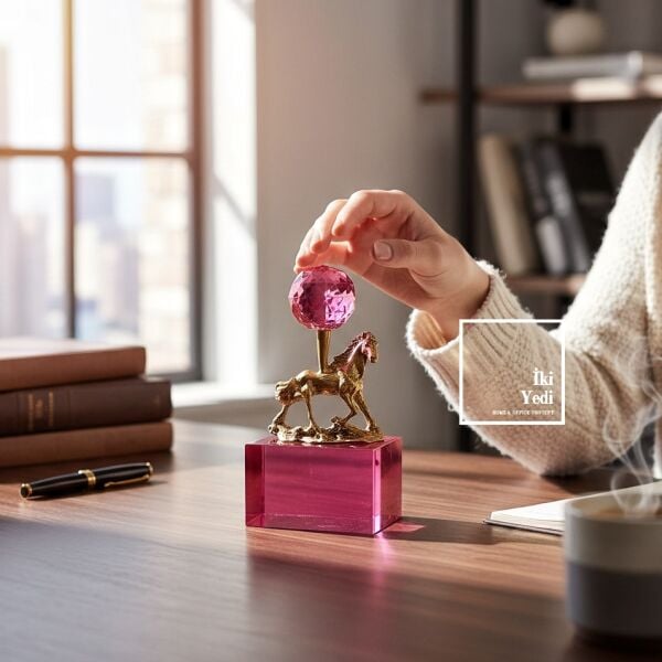 Pulcher Pembe Renkli İsli Eskitme Kristal Cam Kaideli Minik At Biblo Antik Tasarım Dekoratif Obje