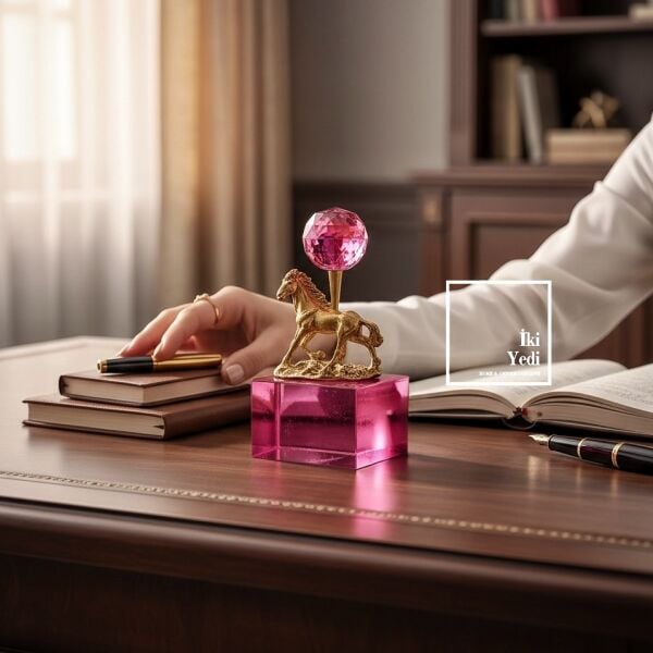 Pulcher Pembe Renkli İsli Eskitme Kristal Cam Kaideli Minik At Biblo Antik Tasarım Dekoratif Obje