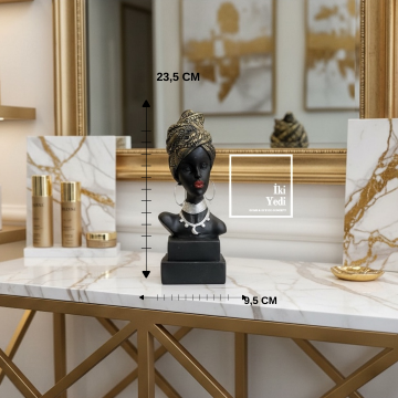 Ribera 774 Afrikalı Kadın Büst Heykeli 23,5 cm | Siyah Gold Detaylı Dekoratif Obje Ev Ofis Hediyesi
